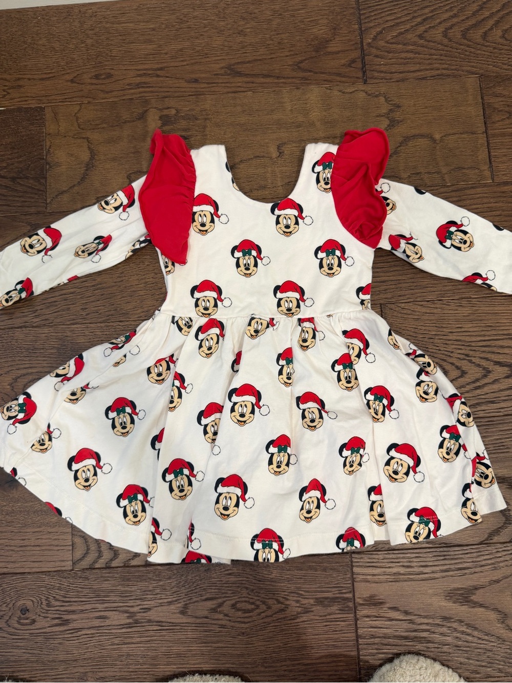 Girls Holiday Character Print Dress with Red Ruffle Shoulders